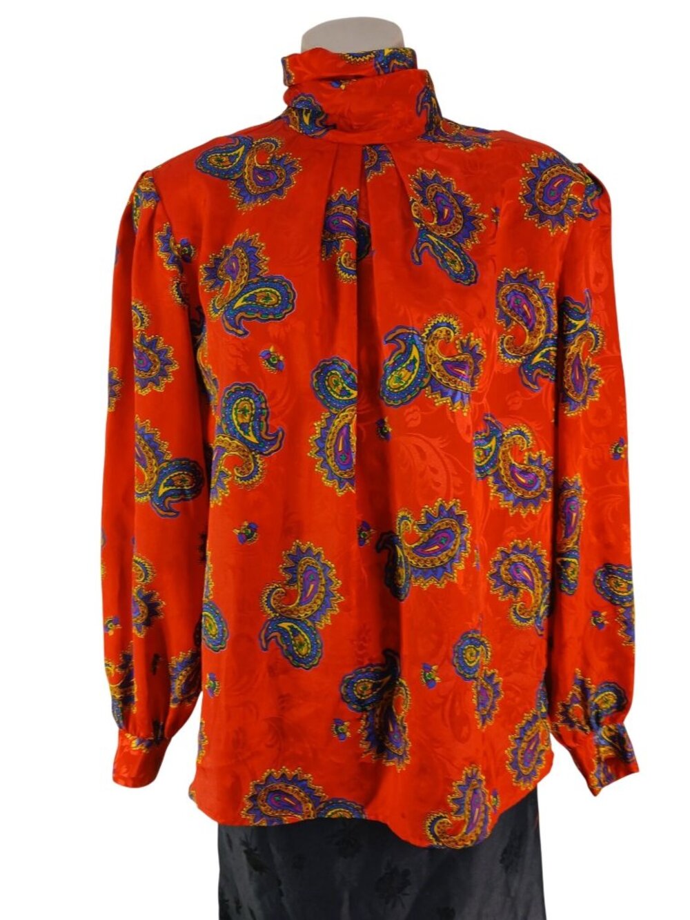 Vintage Anne Klein Red Paisley High Neck Blouse With Long Sleeves & Button Back
